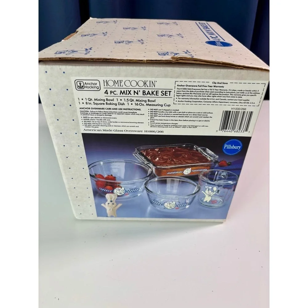 Anchor Hocking Pillsbury Doughboy Mix N Bake Set 4pc Glass Vintage In Box